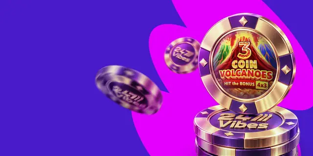 Fiche dorata con 3 Coin Volcanoes, gioco del mese su 247Vibes